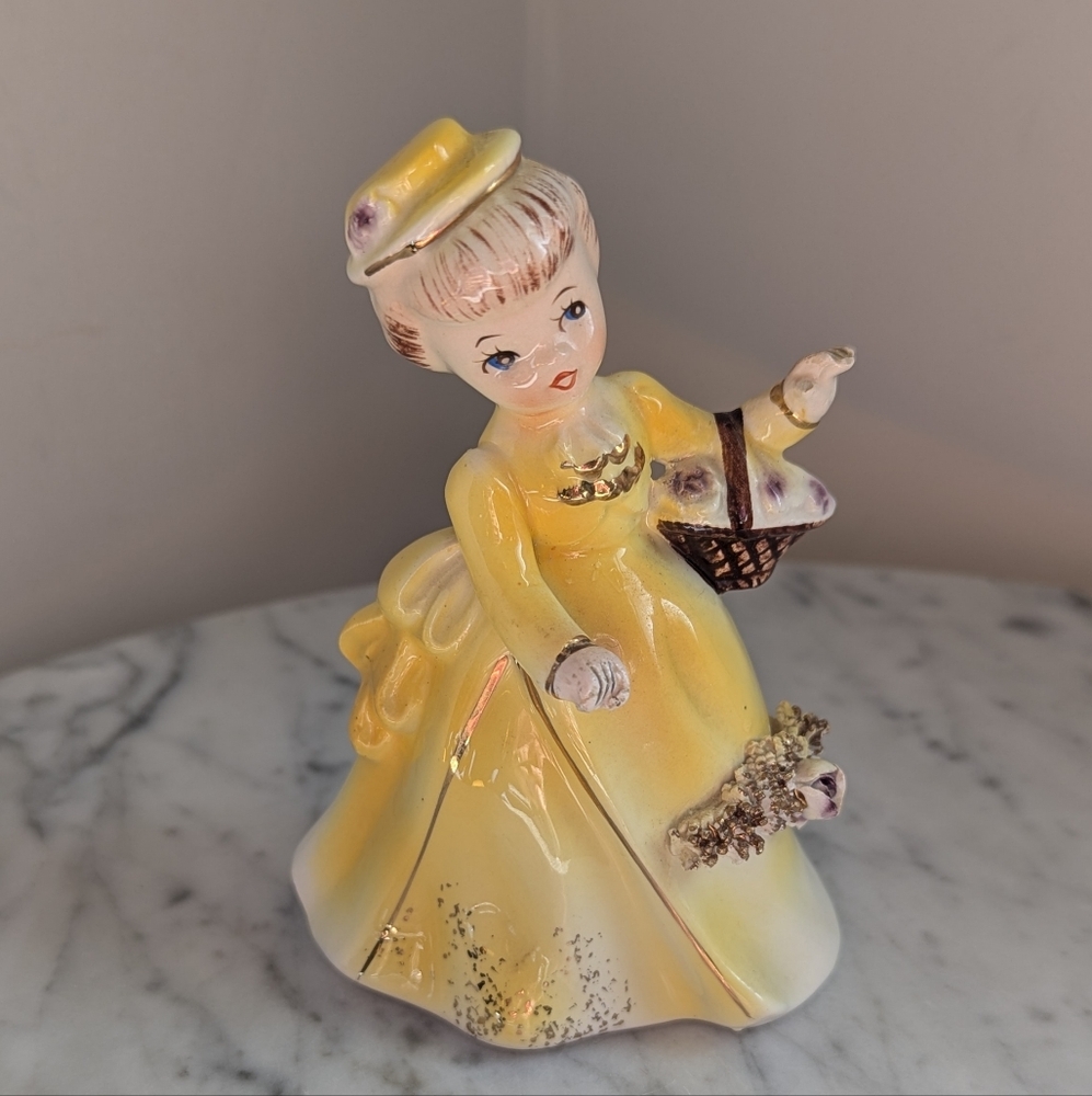 Vintage Made In Japan Yellow Ceramic Lady Figurine 3.75" With Basket